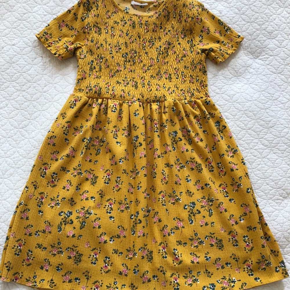 Zara Ochre Floral Smocked short Sleeved Dress